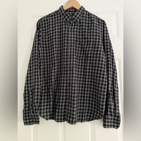 Denim & Flower Button Up Shirt Mens Sz L Slim Fit Gray Black Plaid Long Sleeve - Picture 1 of 8